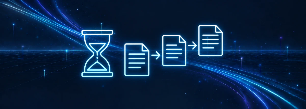 砂時計と、矢印でつながった3枚の書類のアイコン