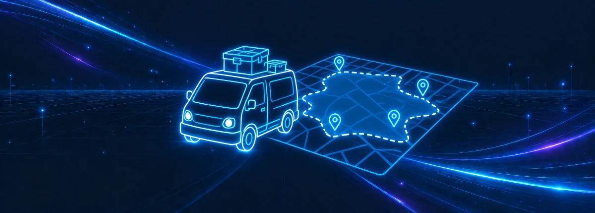 道具箱を積んだ車と地図上の範囲のアイコン