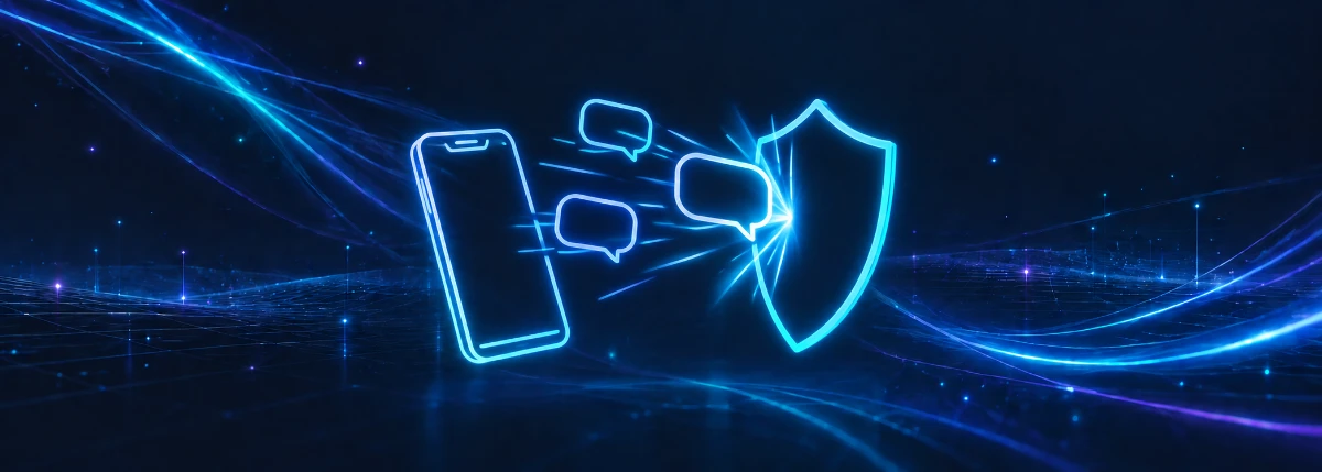 スマートフォンから飛んできた吹き出しを盾が受け止めているアイコン