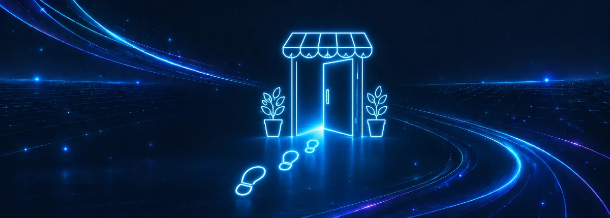 店舗の入口へ向かう足跡のイラスト
